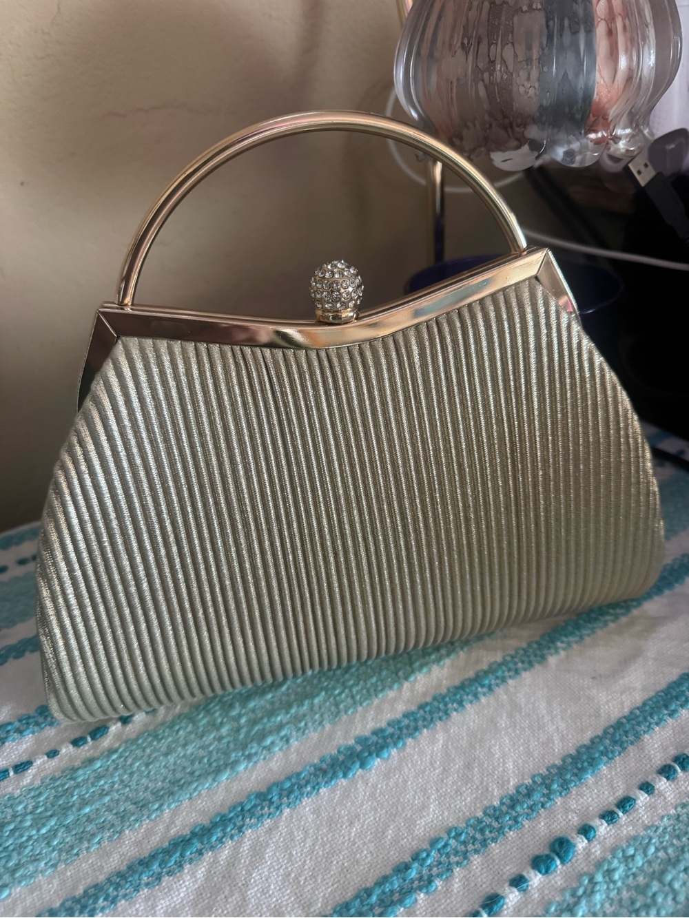 Elegant Pleated Satin Evening Handbag Champagne Rhinestone Embellished Clasp NEW